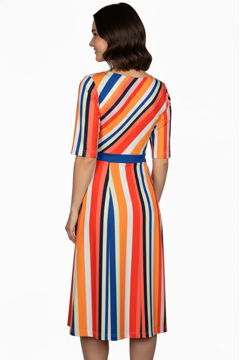 Womens Striped Short Sleeves Dress with Belt