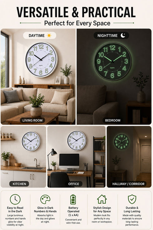 Quartz Glow in the Dark Wall Clock - 12 Inch