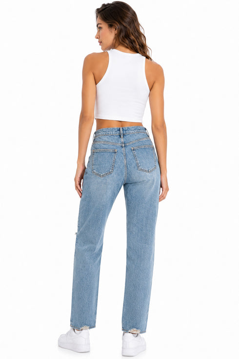 Women’s Light Blue Distressed Straight Leg Jeans