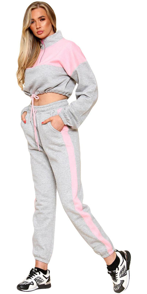 Women’s Grey & Pink Cropped Half Zip Tracksuit Set