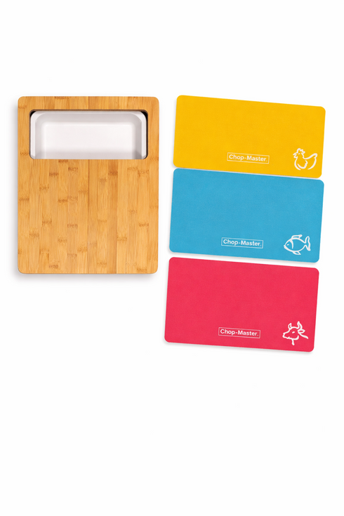 Bamboo Cutting Board Set with Colour-Coded Chopping Mats & Storage Tray – Hygienic Kitchen Food Prep System