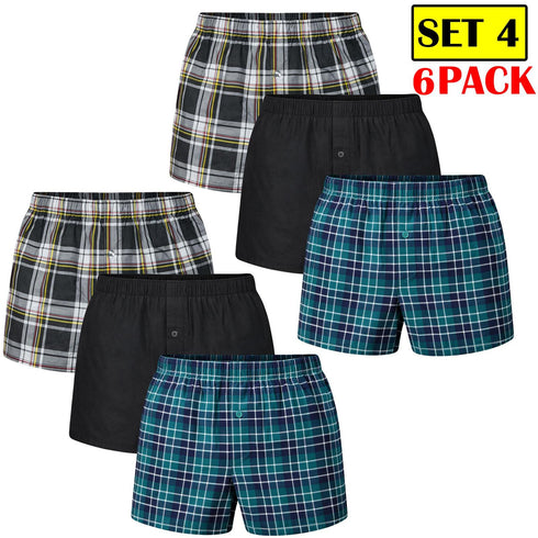 6 Pack Men's Check Woven Cotton Boxers