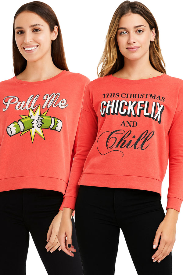 Women’s Christmas Sweatshirt 2 Pack – Festive Holiday Slogan Jumpers