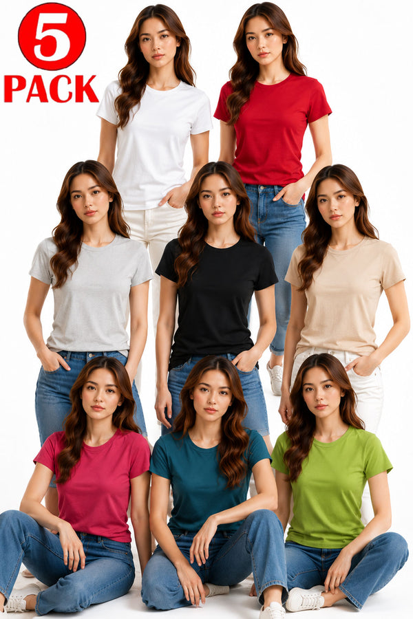 5 Pack Womens Plain Crew Neck T-Shirts