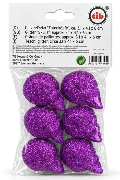 Purple Glitter Skull Decorations Multi Pack – Halloween Party Table and Shelf Decor