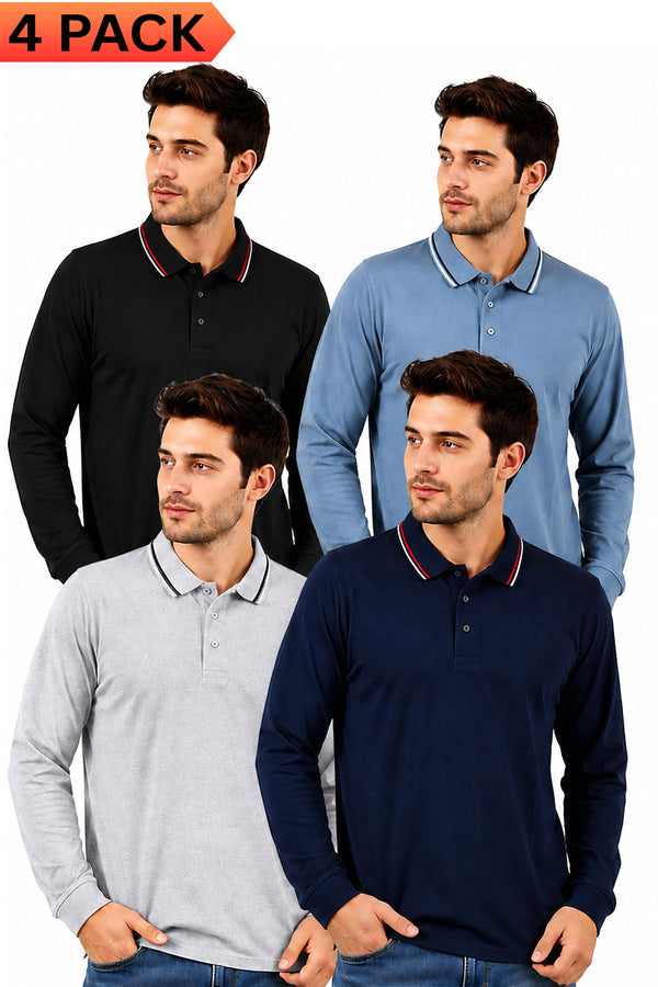 4 Pack Men’s Long Sleeve Tipping Plain Polo Shirt