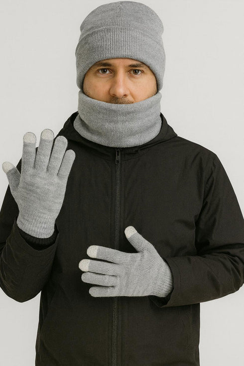 Unisex Winter Hat, Neck Warmer & Touchscreen Gloves Set – 3 Pieces Knit Cold Weather Accessories