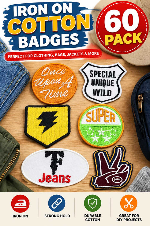 60 Pack Iron Cotton Badges - From 15p Per Unit