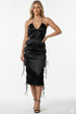 Women's Black Satin Lace-Up Side Bodycon Midi Dress