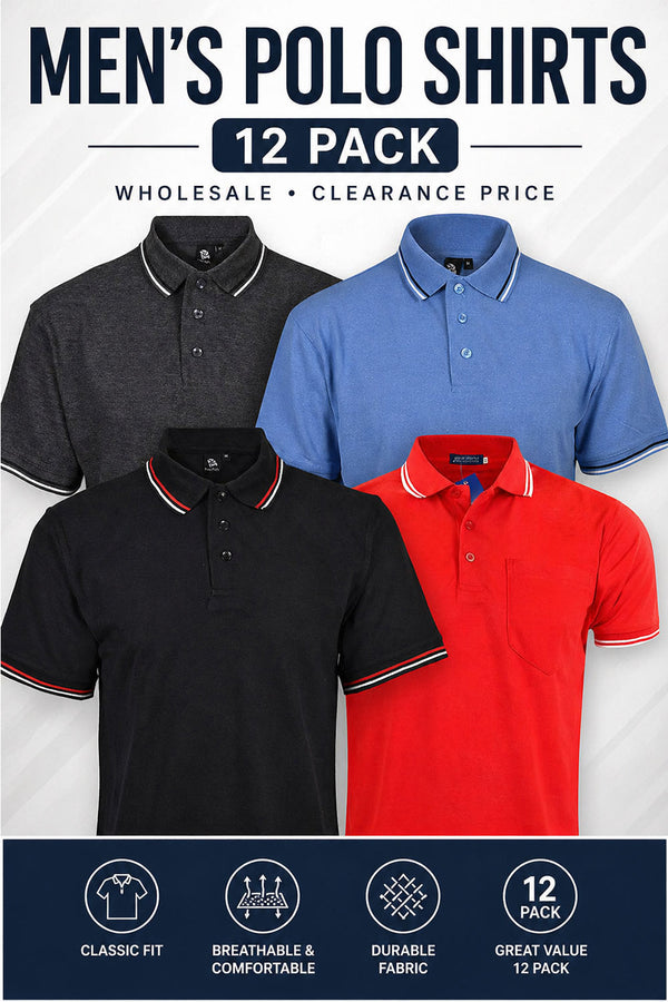 12 Pack Men’s Polo Shirts – Wholesale Clearance Classic Fit Breathable Polycotton Tees