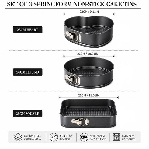 3 Piece Springform Cake Tin Set – Non-Stick Baking Pans