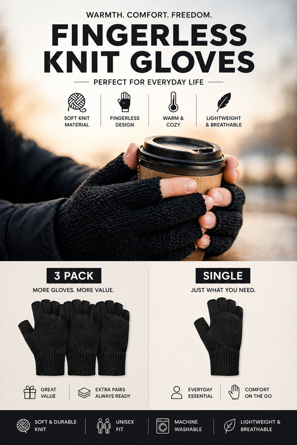 3 Pack Unisex Fingerless Gloves