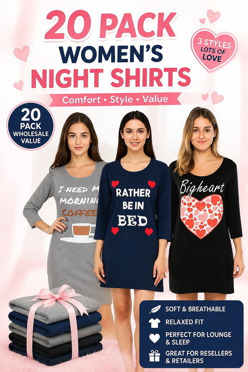 20 Pack Women Long Sleeve Cotton Nighty - From £1.74 Per Unit