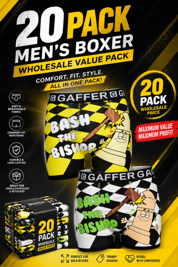 20 Pack Gaffer Novelty Boxer Shorts Bash the Bishop Print - £1.00 Per Unit