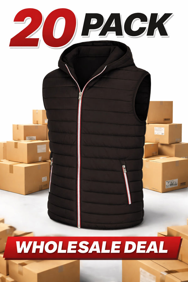 20 Pack Men’s Black Hooded Puffer Gilets – Bulk Bodywarmers M-3XL