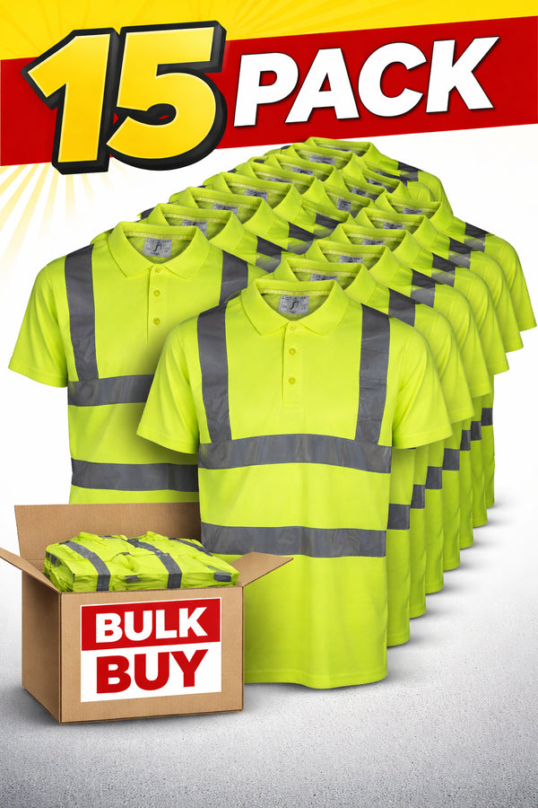 Men's Yellow Hi-Vis Polo Shirt - Reflective Workwear (15 or 30 Pack)