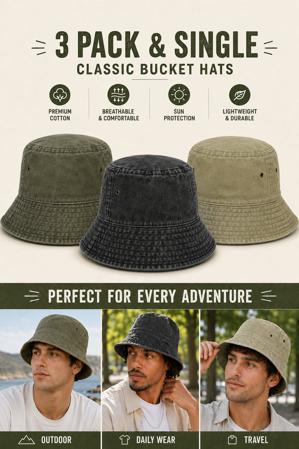 Men’s Cotton Summer Bucket Hats - 3 Pack & SIngle