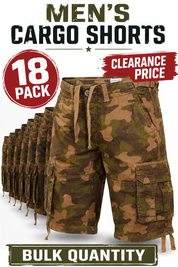 18 Pack Men’s Camouflage Cargo Shorts – Bulk Clearance Multi-Pocket Shorts