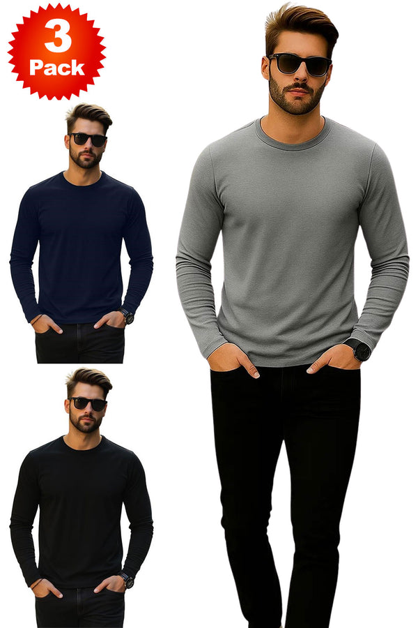 Mens 3 Pack Long Sleeve T-Shirts – Cotton Blend Crew Neck Tops – Black, Navy & Grey (S–XL)