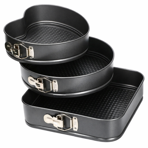 TrueFace 3-Piece Springform Cake Tin Set – Non-Stick Carbon Steel Baking Pans (Round, Square & Heart)
