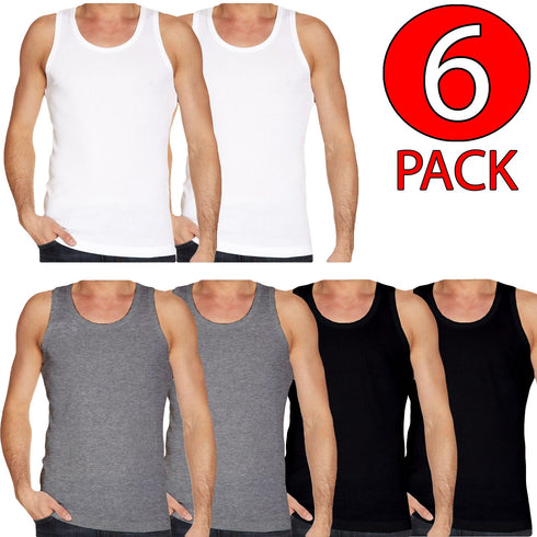 6 Pack Men's Plain Polycotton Sleeveless Vest – Soft, Lightweight, Print-Friendly Gym Tank Top