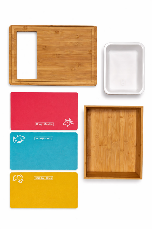 Bamboo Cutting Board Set with Colour-Coded Chopping Mats & Storage Tray – Hygienic Kitchen Food Prep System