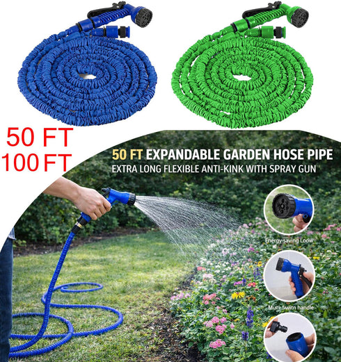 Expandable Garden Hose Pipe Extra Long Flexible Anti-Kink Spray Gun - 50/100 Feet