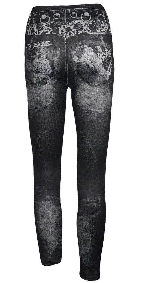 Women’s Ripped Denim Print Jeggings – High Waist Stretch Skinny Jeans with Faux Belt Design