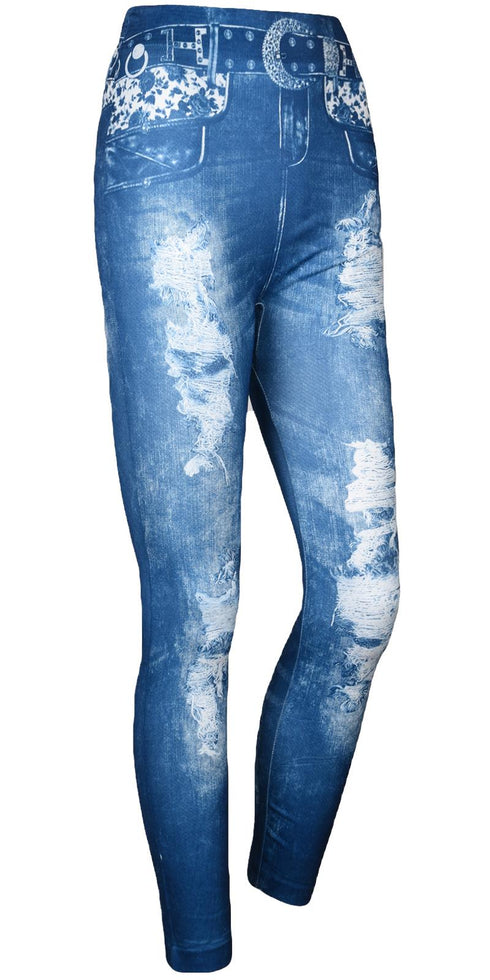 Women’s Ripped Denim Print Jeggings – High Waist Stretch Skinny Jeans with Faux Belt Design