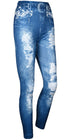 Women’s Ripped Denim Print Jeggings – High Waist Stretch Skinny Jeans with Faux Belt Design