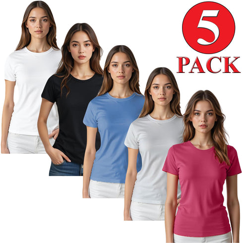 5 Pack Womens Plain Crew Neck T-Shirts