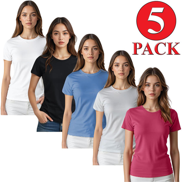 5 Pack Womens Plain Crew Neck T-Shirts