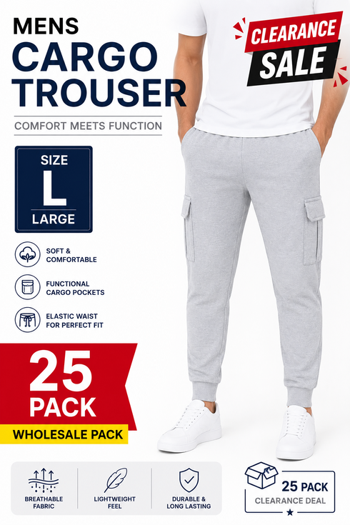 25 Pack Men’s Grey Cargo Jogger Trousers Large - From £4.99 Per Unit
