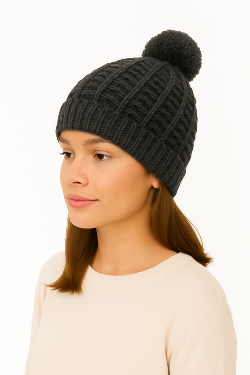 Women’s Chunky Knit Beanie Hat with Pom Pom – Winter Warm Bobble Hat