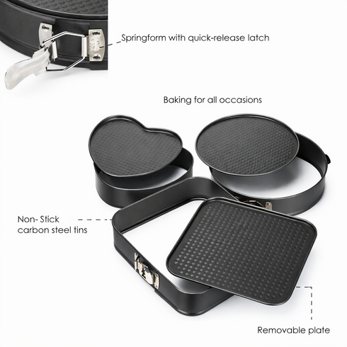 TrueFace 3-Piece Springform Cake Tin Set – Non-Stick Carbon Steel Baking Pans (Round, Square & Heart)