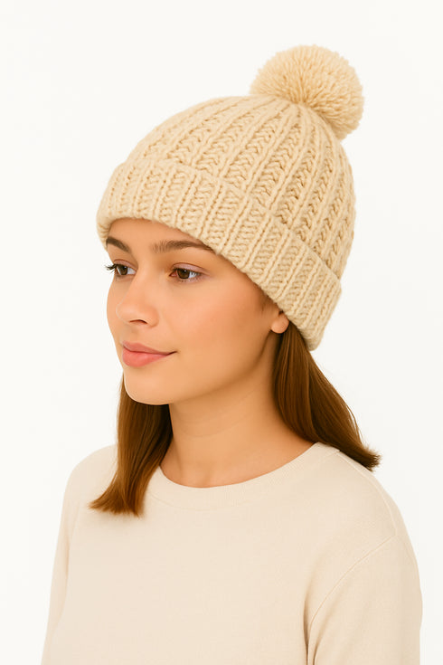 Women’s Chunky Knit Beanie Hat with Pom Pom – Winter Warm Bobble Hat