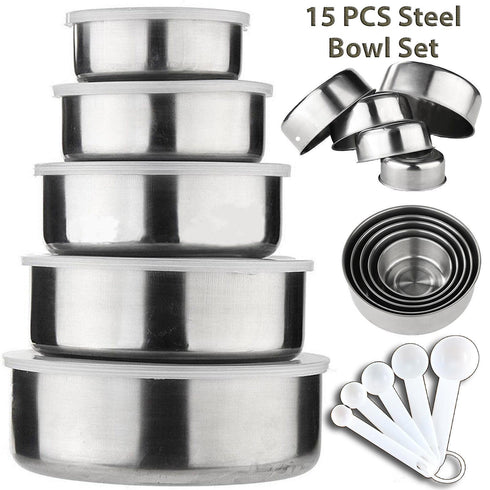 15-Piece Stainless Steel Bowl Set with Lids & Measuring Spoons