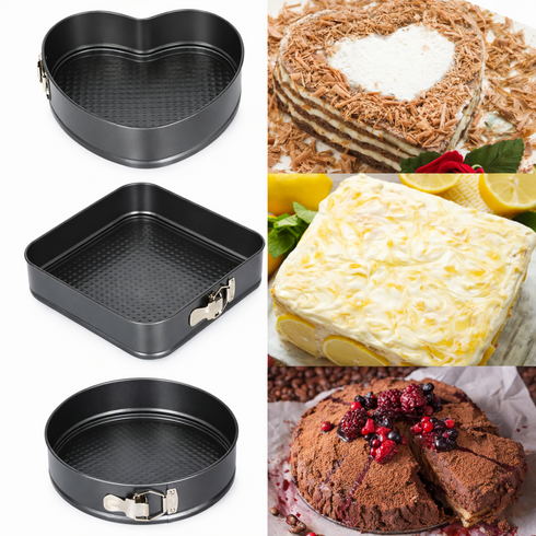 TrueFace 3-Piece Springform Cake Tin Set – Non-Stick Carbon Steel Baking Pans (Round, Square & Heart)