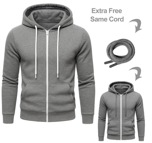 Mens Plain Fleece Zip Up Hoodie With Free Same Cord