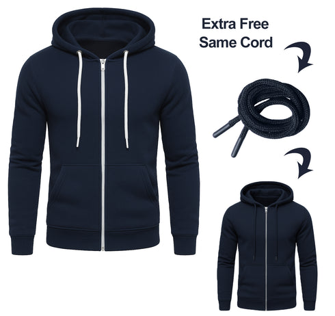 Mens Plain Fleece Zip Up Hoodie With Free Same Cord