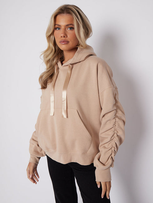 Ruched Sleeve Hoodie with Silk Ribbon Drawstring