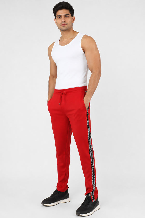 Men’s red side stripe jogger bottoms with drawstring waist and zip ankles