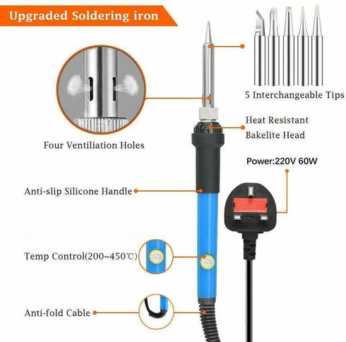 15-in-1 Soldering Iron Kit 60W – Adjustable Temperature, Ceramic Heater, Solder Sucker, 6 Tips & Accessories