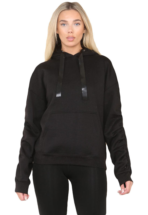 Ruched Sleeve Hoodie with Silk Ribbon Drawstring S-M