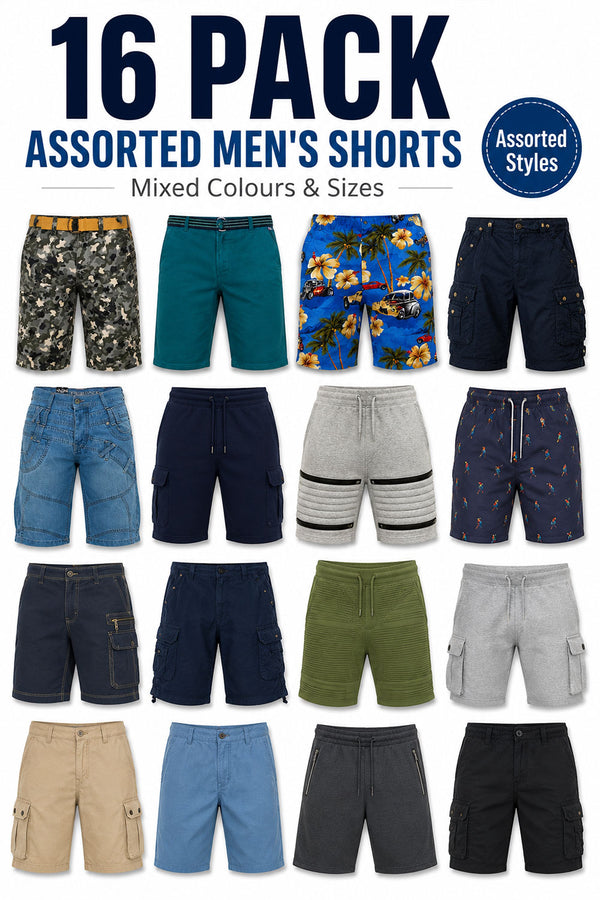 16 Pack Assorted Men’s Shorts Mixed Colours & Sizes - From £2.80 Per Unit