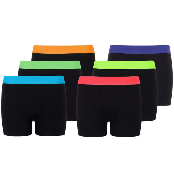 6 Pack Kids’ Black Boxer Shorts with Colour Waistbands