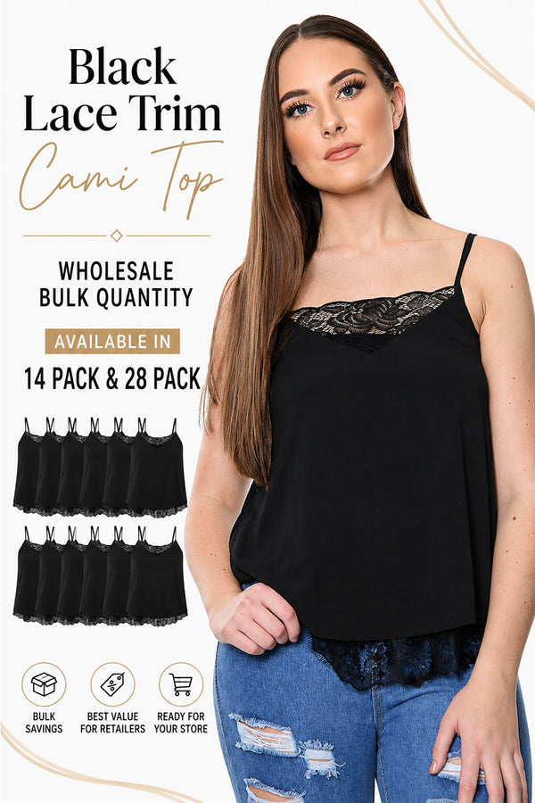 Women's Lace Trim Cami Top - 14/28 Pack - From £1.24 Per Unit