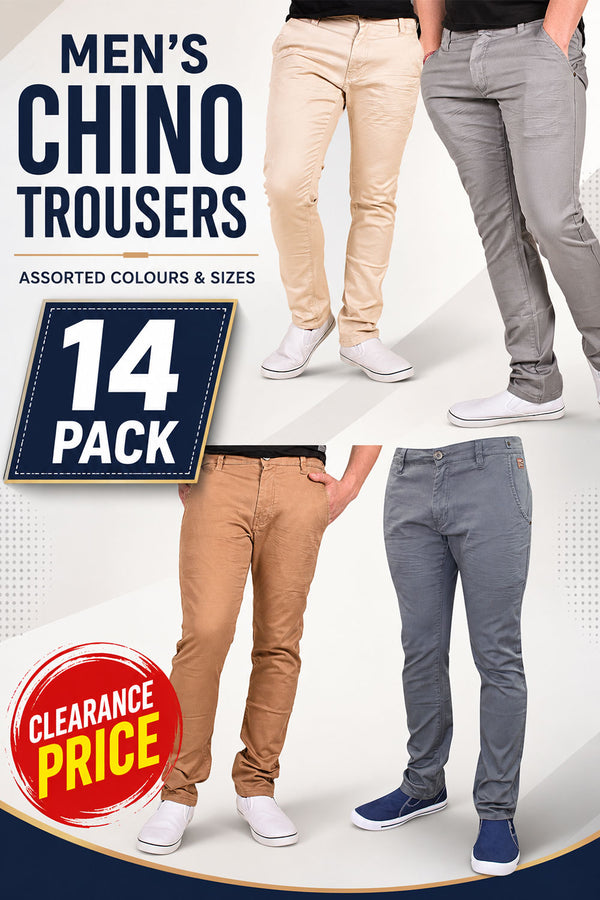 14 Pack Men’s Chino Trousers Assorted Colours & Sizes - From £4.99 Per Unit