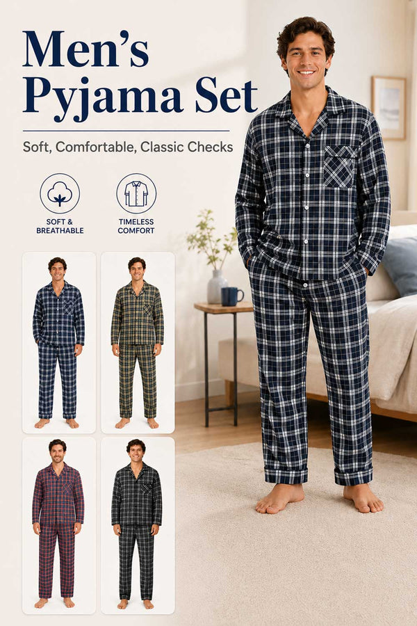 Men’s Check Pyjama Set with Striped Long Sleeve Top