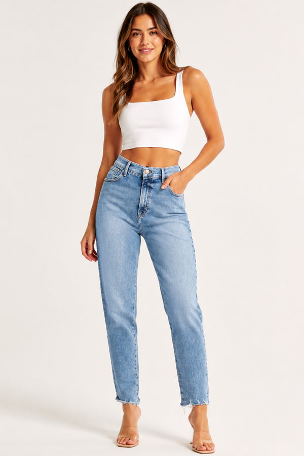 Women’s Light Blue High-Waisted Mom Jeans with Raw Hem